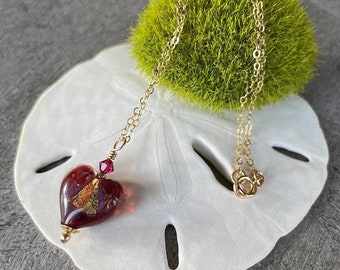 Red Artisan Glass Heart Necklace, Red Lampwork Heart Necklace, Valentine's Gift