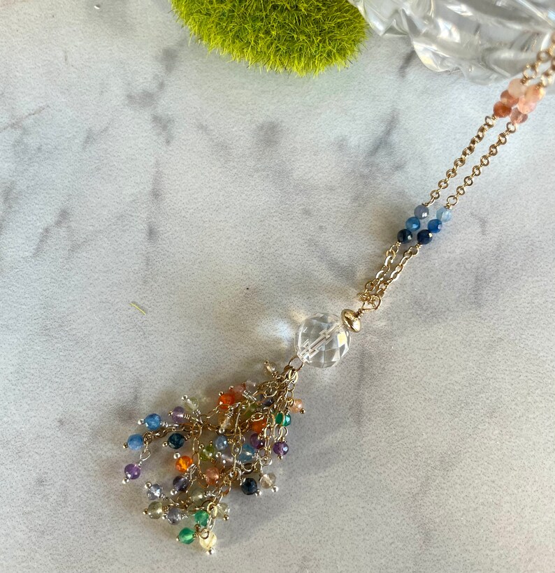 Gift for Mom Durango Collection Ready to Ship One of a Kind Clear Crystal Quartz and Multi-Gemstone Tassel Necklace in 14K Gold Fill