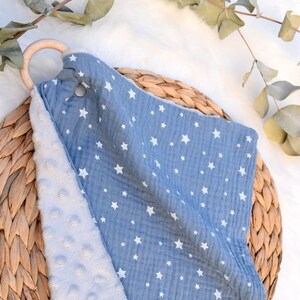 Blue star flat blanket with double cotton gauze teething ring and oekotex minky image 1