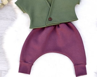 Scalable warm baby harem pants Dark plum organic sweatshirt GOTS