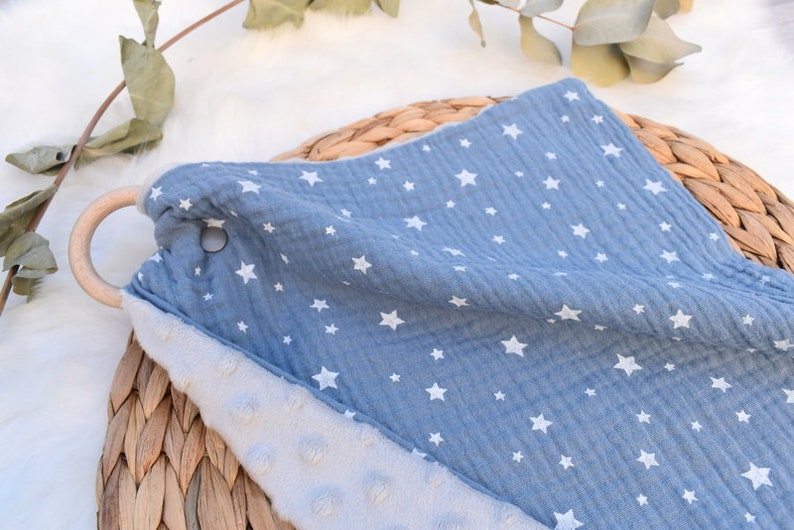 Blue star flat blanket with double cotton gauze teething ring and oekotex minky image 2