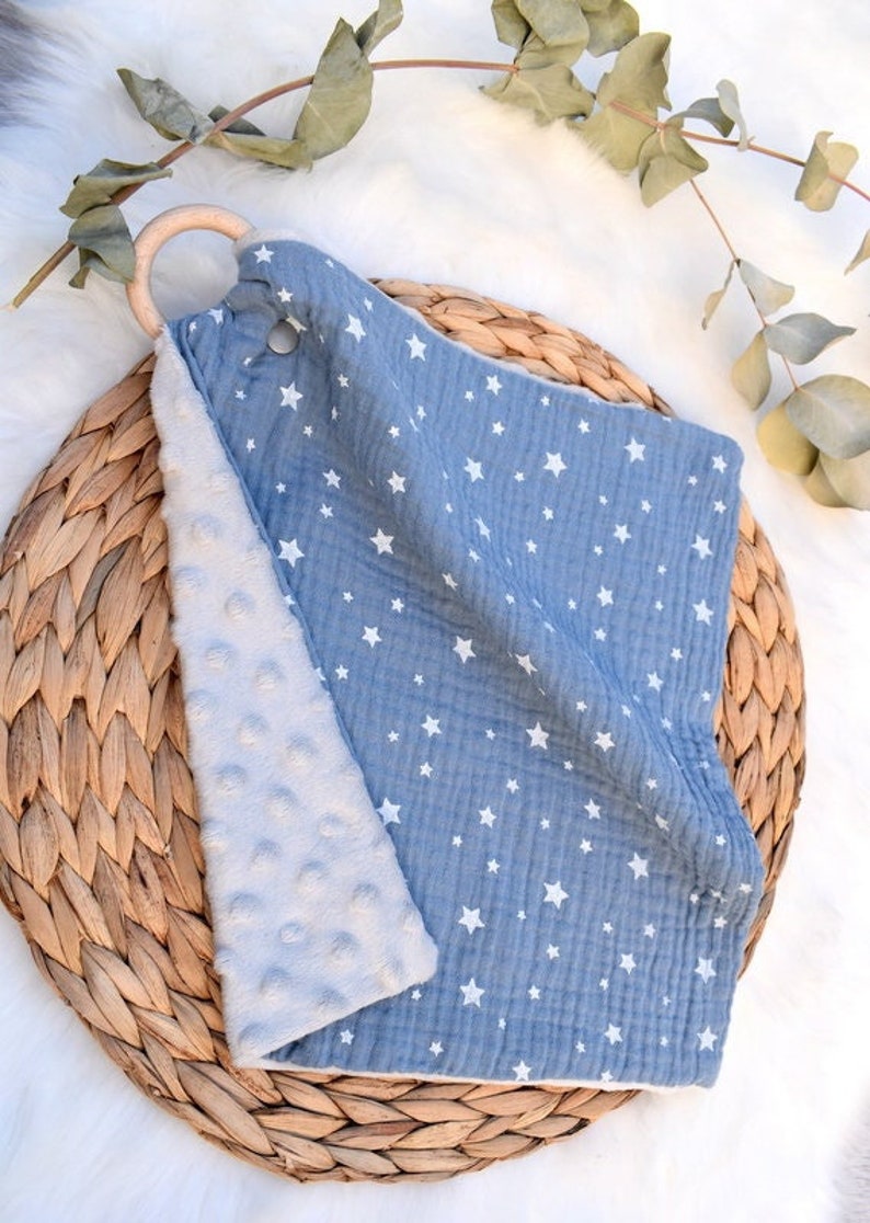 Blue star flat blanket with double cotton gauze teething ring and oekotex minky image 1