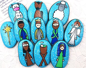 Piedras para historias de Navidad con colores brillantes, piedras para el nacimiento, piedras para la historia del nacimiento de Jesús, pesebre, inicios de historias del nacimiento