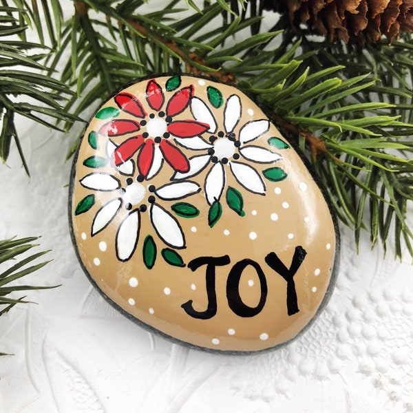 Joy Painted Rock, Christmas Joy Hand Painted Rock, Holiday Greeting, Flowers in Snow, Teacher gift, Stocking stuffer