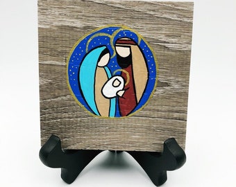 Hand Painted Nativity Scene: Holy Family on Faux Wood Tile