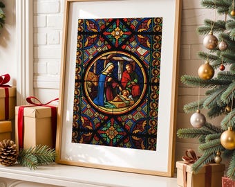 レア キリスト降誕 ヴィンテージ ステンドグラス 聖家族 イエス 聖書 美術館 聖家族：ステンドグラス風のキリスト降誕シーン - デジタル