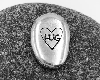 Pocket Hug Pebble, Pewter Pocket Token, Hand Stamped Comfort Stone, Long Distance Hug, Encouragement Gift, Virtual Hug, Pocket Coins