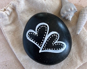 Black and white heart painted rock, hearts stone, double hearts rock, love stone, heart rock, handpainted stone