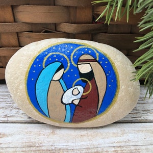 Holy Family Nativity Paperweight, Nativity Rock, Christmas Nativity Painting, Hand Painted Rock, Birth of Jesus Painted Rock, Manger Scene image 1