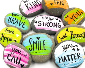 Kindness Stones Set of 10, Affirmation Pocket Rocks, Encouragement Rocks for Hiding, Colorful Painted Rocks, Be Kind Rocks for Hiding