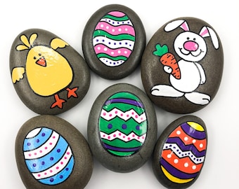 Easter Story Stones: Hand-Painted Bunny, Chick & Egg Set (Set of 6)