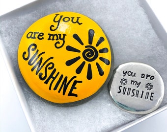 You Are My Sunshine Gift Set, Sunshine Pocket Token and Painted Rock, Hand Stamped Sunshine Pewter Coin, Sunshine Rock, Valentine Gift