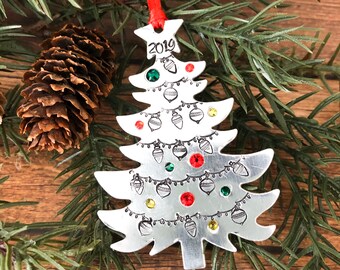 Hand Stamped Tree Shaped Christmas Tree Ornament, Aluminum Ornament with Rhinestone Embellishments, Teacher gift, Hostess Gift