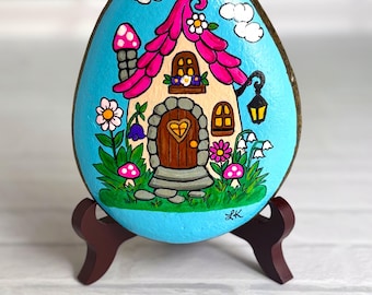 Hand Painted Fairy Cottage Rock, Whimsical Fairy House Stone Art, Pink Mushroom Roof Garden, Original Painted Rock, Fairy Garden Decor