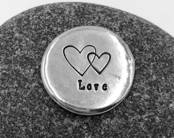 Love Pocket Coin, Hand Stamped Pewter Love Token, Double Hearts Stamped Coin, Inspirational Gift, Pocket Tokens, Anniversary Gift