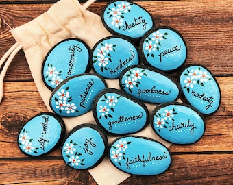 Fruit of the Spirit Painted Stones: Christian Scripture Rocks, Galatians 5 (set of 12)