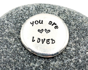 You Are Loved Pewter Pocket Coin, Hand Stamped Worry Stone, Pocket Tokens, Pocket Coins, Recovery Gift, Encouragement Inspirational Gift