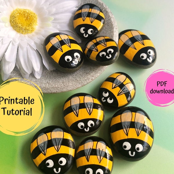 TUTORIAL - Bumblebee Pebbles Rock Painting, Easy Step By Step Downloadable Tutorial, Paint Your Own Bumblebee Rocks, DIY Painted Rocks