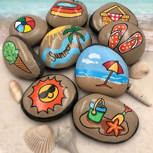 Summer Story Stones, Summertime Story Starters, Beach Time Painted Rocks, Story Rocks, Summer Story Prompts, Vacation Activity Stones image 1