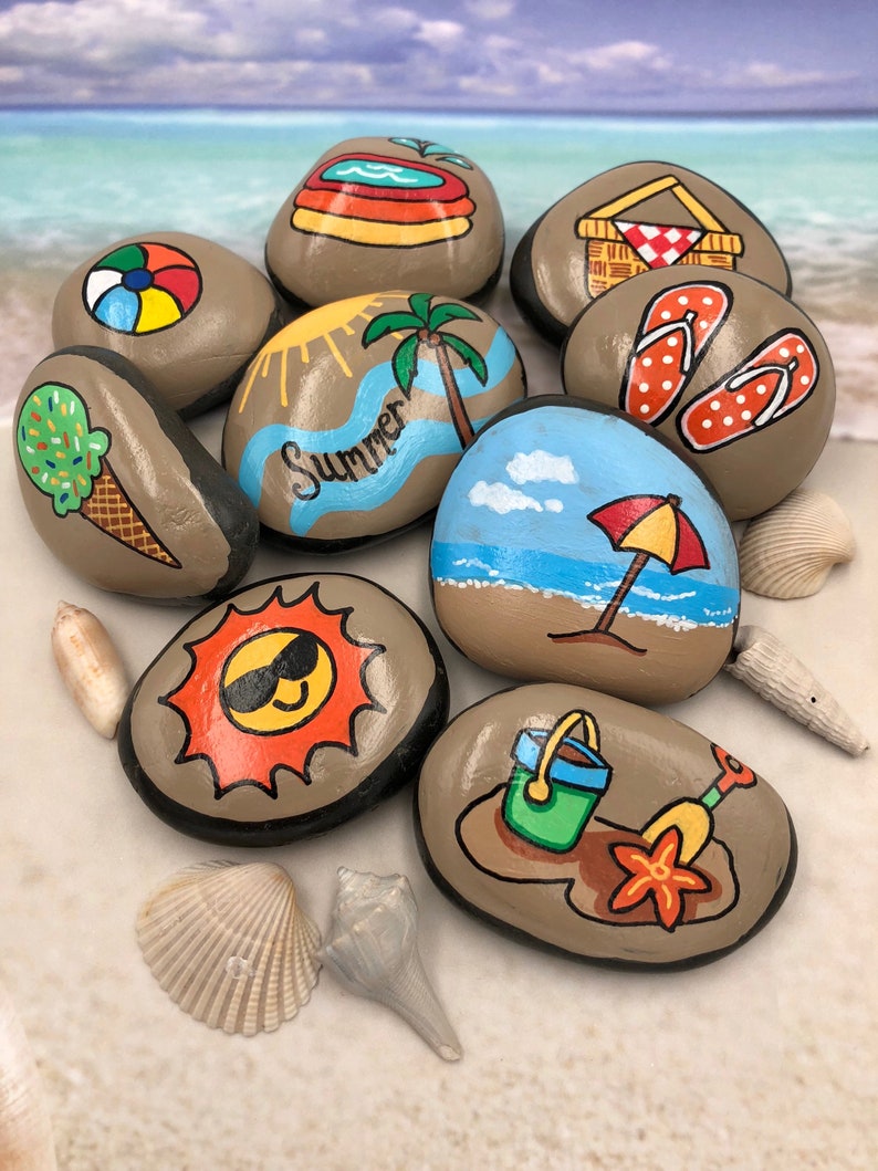 Summer Story Stones, Summertime Story Starters, Beach Time Painted Rocks, Story Rocks, Summer Story Prompts, Vacation Activity Stones image 1