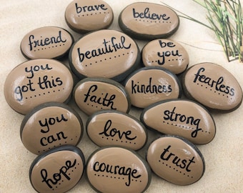 Empowerment Pebbles, Bag of 15 Pocket Pebbles with Words of Encouragement, Affirmation Pocket Tokens, Pocket Rocks, Words of Encouragement