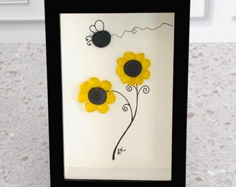 Sea Glass Flower Pebble Art, Bee Wall Decor, Yellow Flower Shadow Box, Coastal Cottage Decor, Handmade Pebble Art Frame, Sea Glass Art Gift