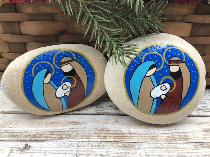 Holy Family Nativity Paperweight, Nativity Rock, Christmas Nativity Painting, Hand Painted Rock, Birth of Jesus Painted Rock, Manger Scene image 2