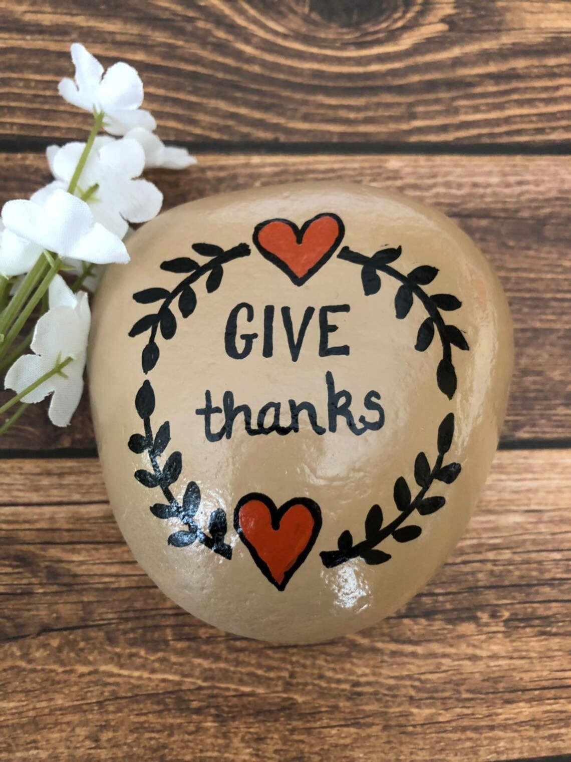 Give Thanks Painted Rock With Laurel, Thanksgiving Decoration, Give ...
