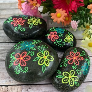 Hand-Painted Rock: Neon Floral Design, Kindness Stone