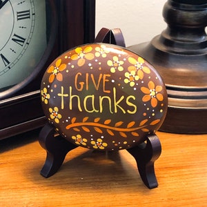 Give Thanks Painted Rock, Thanksgiving Decoration, Harvest Decoration, Thanksgiving Table, Hostess Gift, Hand-Painted Rock image 2