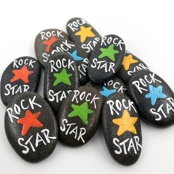 Set of 12 Rock Star Painted Stones, Rock Star Party Favors, Meeting Tokens, Gifts for Students, Painted Pebbles, Coworker appreciation gifts