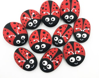 Ladybug Pebbles Set, 10 Ladybird Painted Stones, Hand Painted Ladybug Stones, Garden Pebbles, Decorative Painted Rocks, Ladybug Sorting Game