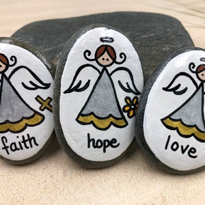 Faith Hope Love Angels Set of 3, Guardian Angel Pocket Rocks, Comfort Stones, Worry Stone, First Communion Gift, Sunday School gift, Angels