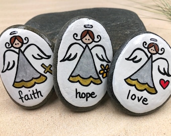 Faith Hope Love Angels Set of 3, Guardian Angel Pocket Rocks, Comfort Stones, Worry Stone, First Communion Gift, Sunday School gift, Angels