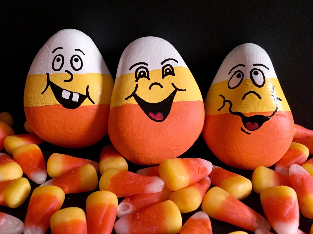 Halloween Painted Rocks Candy Corn Set of 3 Silly Faces