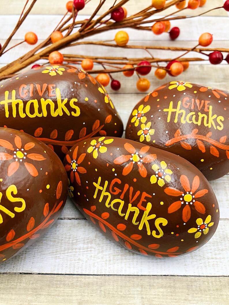 Give Thanks Painted Rock, Thanksgiving Decoration, Harvest Decoration, Thanksgiving Table, Hostess Gift, Hand-Painted Rock image 5