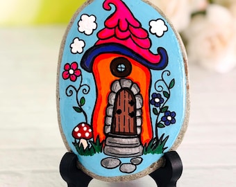 Hand Painted Fairy Cottage Rock, Orange Whimsical Fairy House Stone Art, Tall Cute House, Original Painted Rock, Fairy Garden Decor