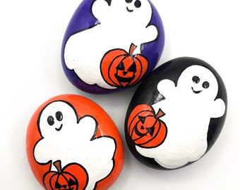 Halloween Ghost Painted Rocks, Trio of Ghosts Painted Stones, Ghost with Pumpkin, Halloween Painted Rocks, Halloween Decoration, Ghost Rock