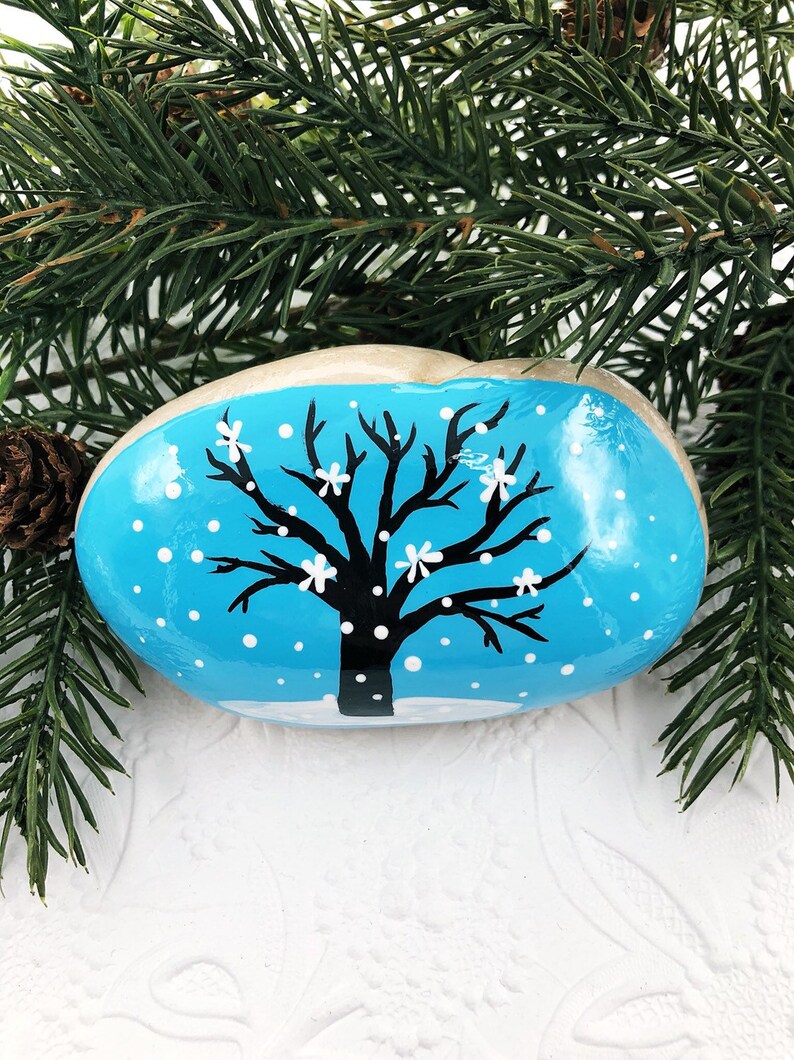 Winter Tree Painted Rock, Tree in Snow, Hand Painted Rock, Teacher Gift ...