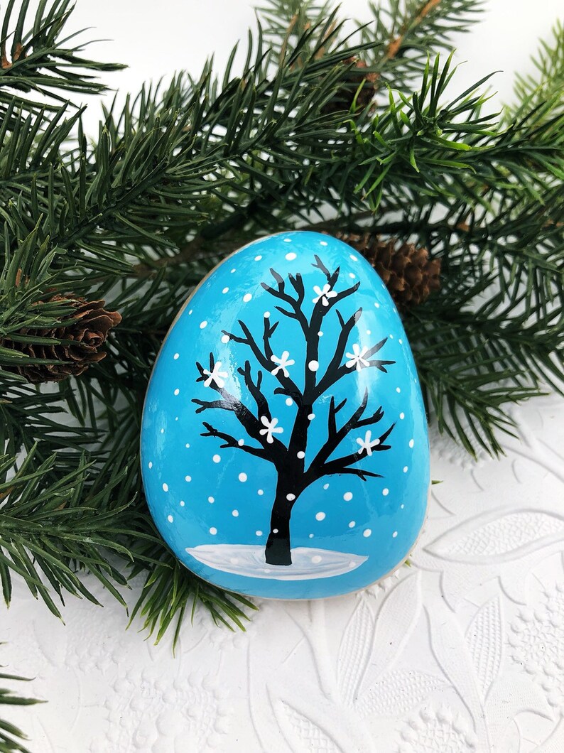 Winter Tree Painted Rock, Tree in Snow, Hand Painted Rock, Teacher Gift ...