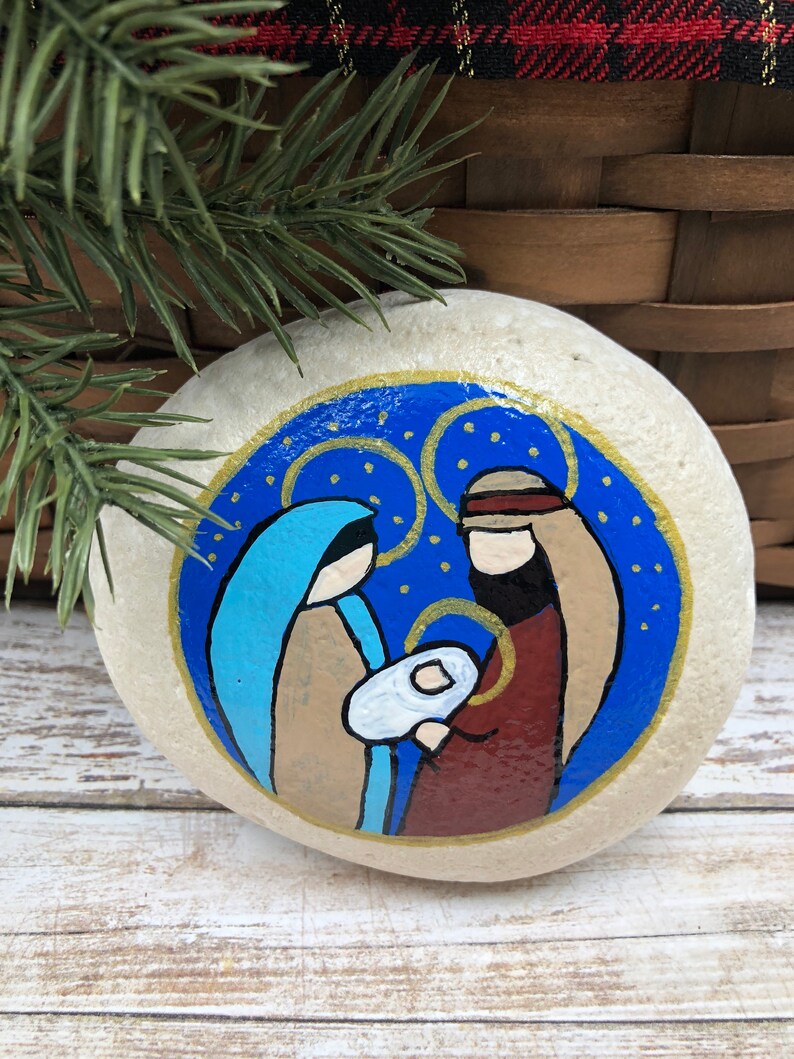 Holy Family Nativity Paperweight, Nativity Rock, Christmas Nativity Painting, Hand Painted Rock, Birth of Jesus Painted Rock, Manger Scene image 3