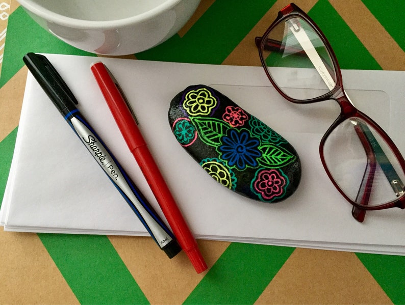 Neon Flowers Painted Rock, Neon Flowers and Leaves, Hand-painted rock, Christmas gift, Teacher gift, Stocking stuffer image 6