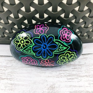 Neon Flowers Painted Rock, Neon Flowers and Leaves, Hand-painted rock, Christmas gift, Teacher gift, Stocking stuffer image 5