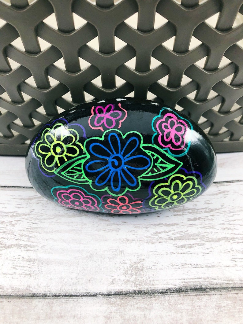 Neon Flowers Painted Rock, Neon Flowers and Leaves, Hand-painted rock, Christmas gift, Teacher gift, Stocking stuffer image 5