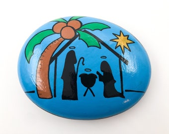 Nativity Painted Rock, Tropical Nativity, Painted Stone, Christmas Gift, Holy Family Rock, Birth of Jesus Painted Stone with Palm Tree