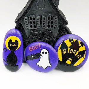 Halloween Painted Rock Trio: Ghost, Cat, Haunted House (3 rocks)