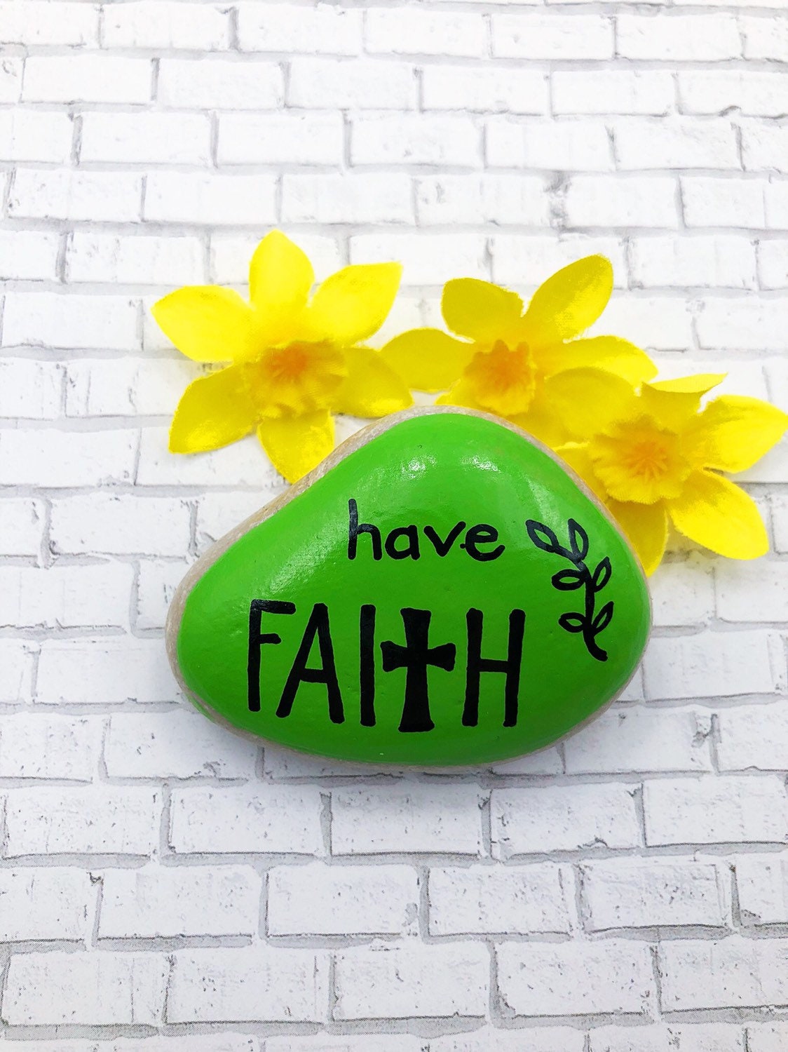 Hand Painted 'Have Faith' Rock: Green Encouragement Stone