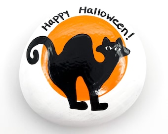 Halloween Cat Painted Rock: Acrylic Spooky Decor