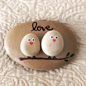 Lovebirds Pebble Art Painted Rock, Pebble Art with Birds, Love Birds on a Branch, Gift for Spouse or Partner, Anniversary Gift, Wedding Gift image 1