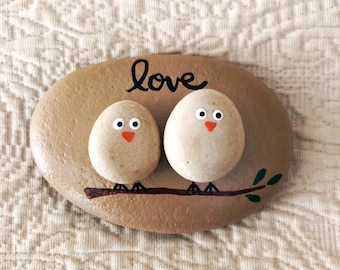 Lovebirds Pebble Art Painted Rock, Pebble Art with Birds, Love Birds on a Branch, Gift for Spouse or Partner, Anniversary Gift, Wedding Gift